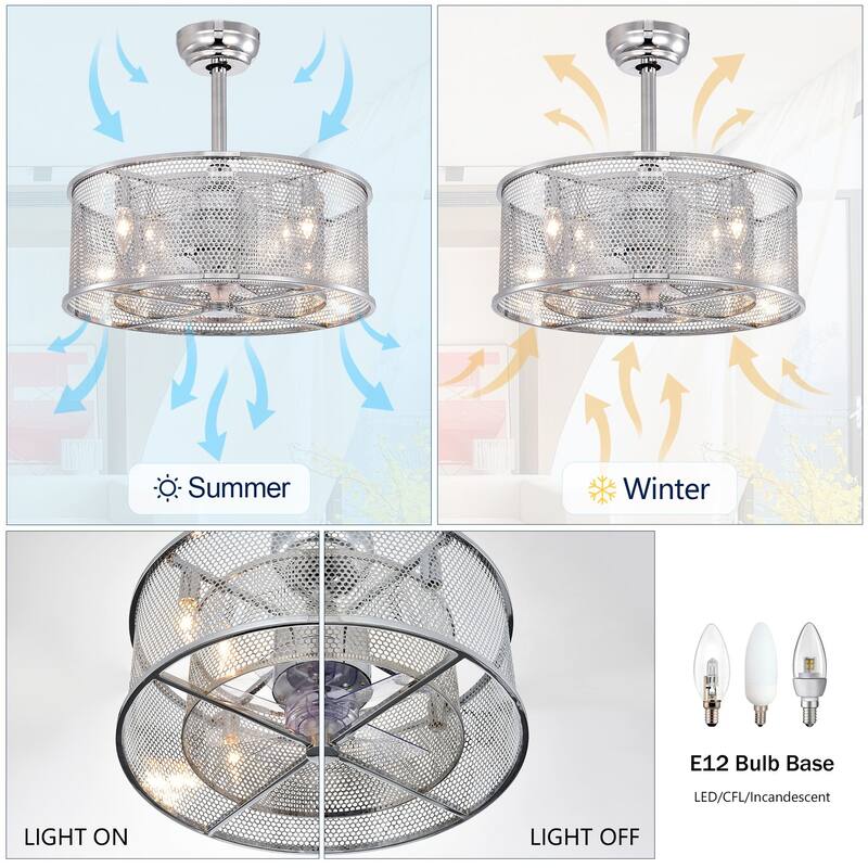 20.4" Caged Ceiling Fan Flush Mount Industrial Vintage Fan Lights with Remote Control - 20.4 in.W x 20.4 in.L x 14.84 in.H
