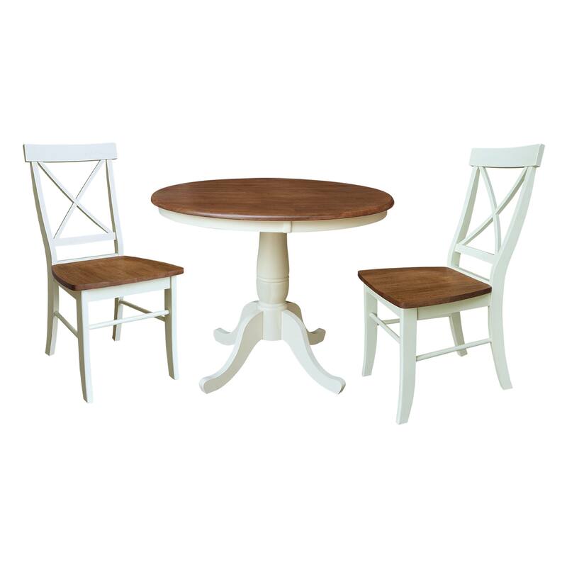36" Solid Wood Round Top Pedestal Dining Table with X-back Dining Chairs - 3-Piece Set - Hickory/Shell