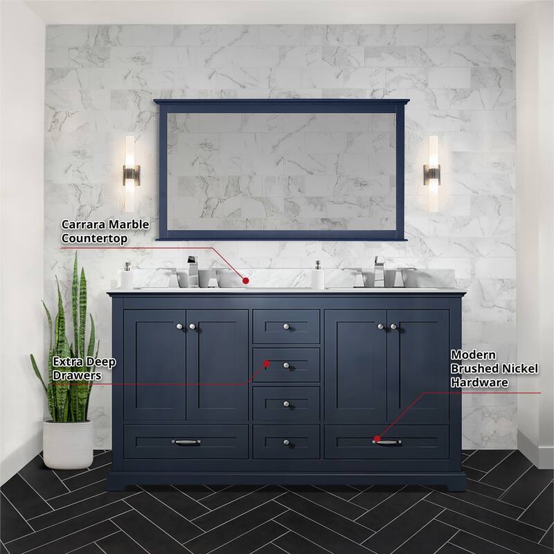 Dukes 60 in. W x 22 in. D Navy Blue Double Bath Vanity, Carrara Marble Top, Faucet Set, and 58 in. Mirror