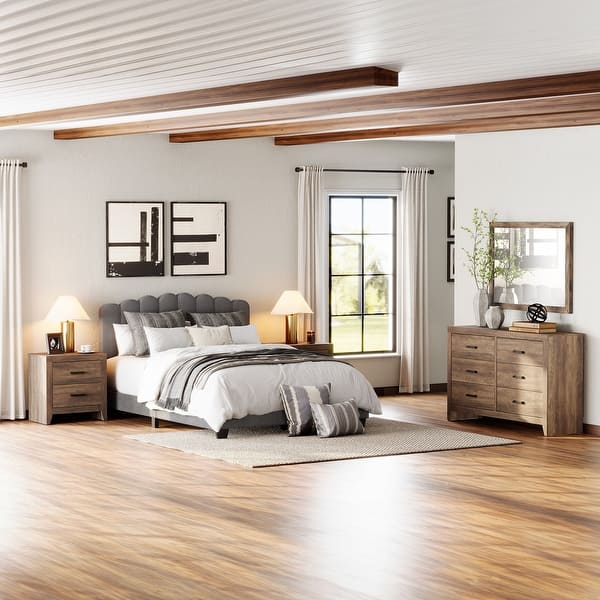 slide 2 of 15, WAMPAT 4-Piece Bedroom Set, Queen Bed Frame, 2 Nightstands & 6-Drawer Dresser Brown - Queen - 4 Piece