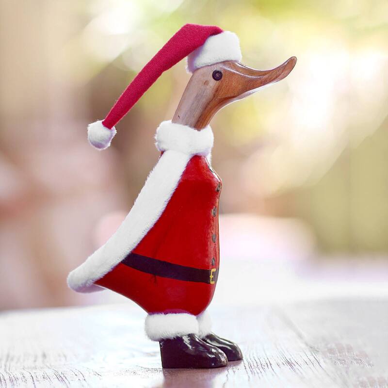 NOVICA Santa Duck, Bamboo root and wood figurine - 7.75" H x 2.8" W x 5" D