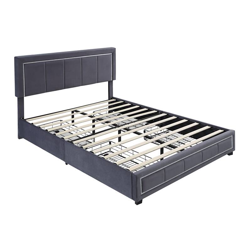 Full Size Upholstered Platform Bed with LED Lights, Storage Bed with 4 Drawers Bed Bath
