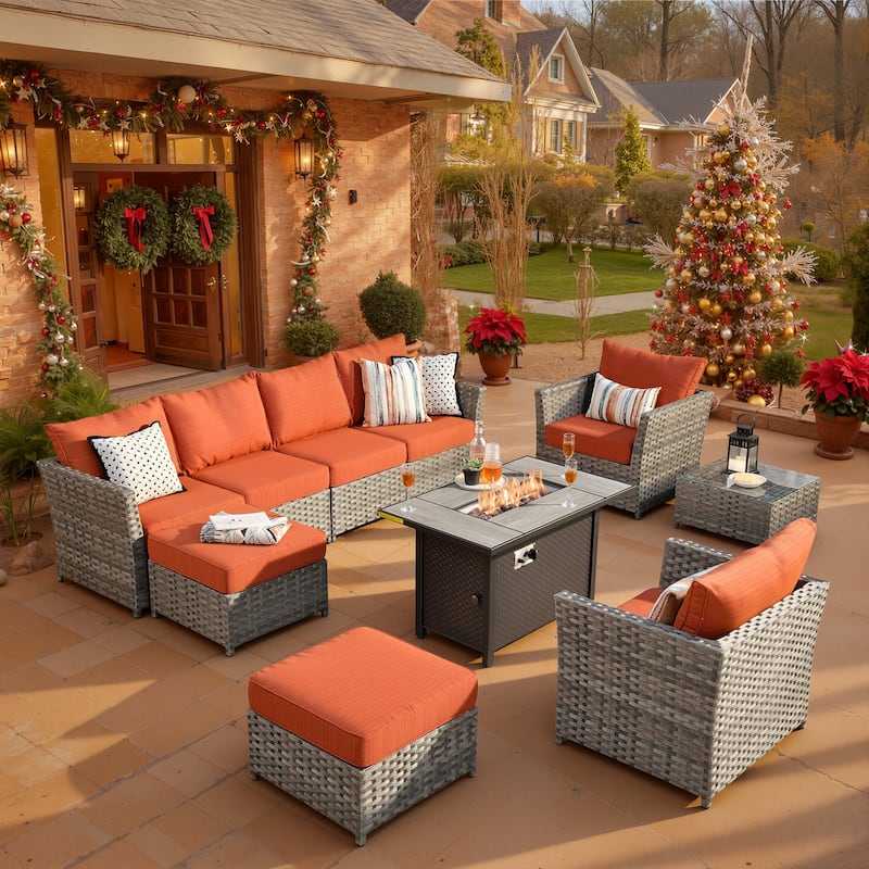 XIZZI 10-piece Patio Furniture Outdoor Sectional Sofa Set with Fire Pit - Red/Orange