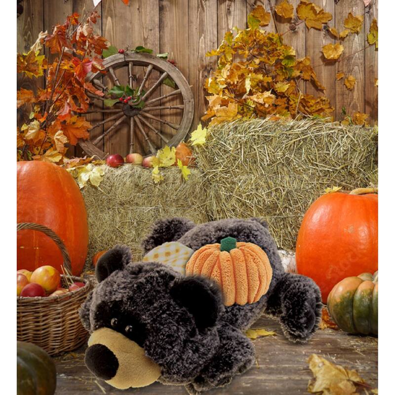 DolliBu Super Soft Lying Black Bear Stuffed Animal with Pumpkin Decor - 9 inches