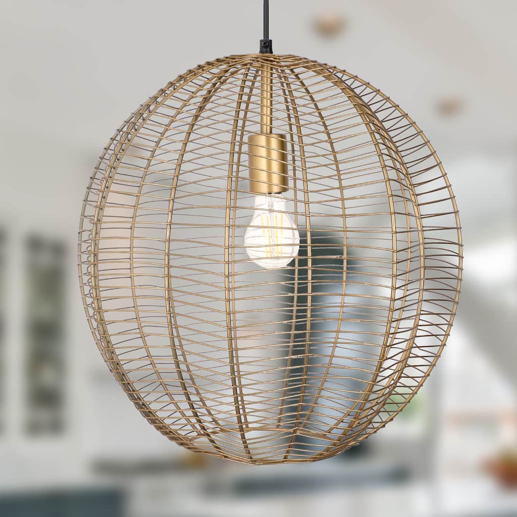 Charissa River of Goods Antique Brass-Painted Metal 12-Inch Pendant Light with Wire Wrapped Globe Shade