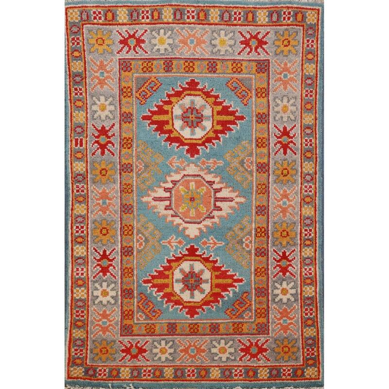Geometric Kazak Accent Rug Hand-Knotted Oriental Blue Wool Carpet - 2'0"x 3'0"