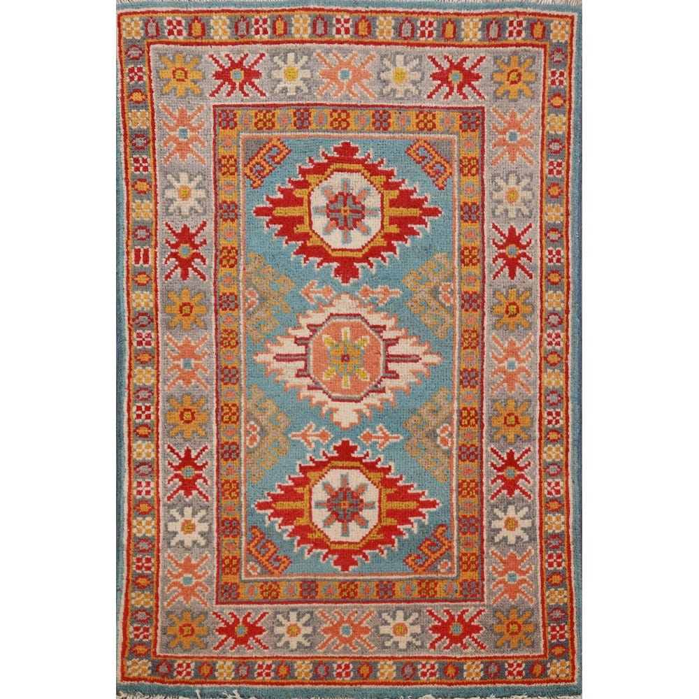 Geometric Kazak Accent Rug Hand-Knotted Oriental Blue Wool Carpet - 2'0"x 3'0"