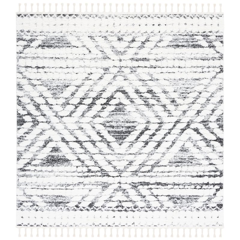 SAFAVIEH Moroccan Tassel Shag Antonina 2-inch Thick Rug - 6'7" Square - Ivory/Grey
