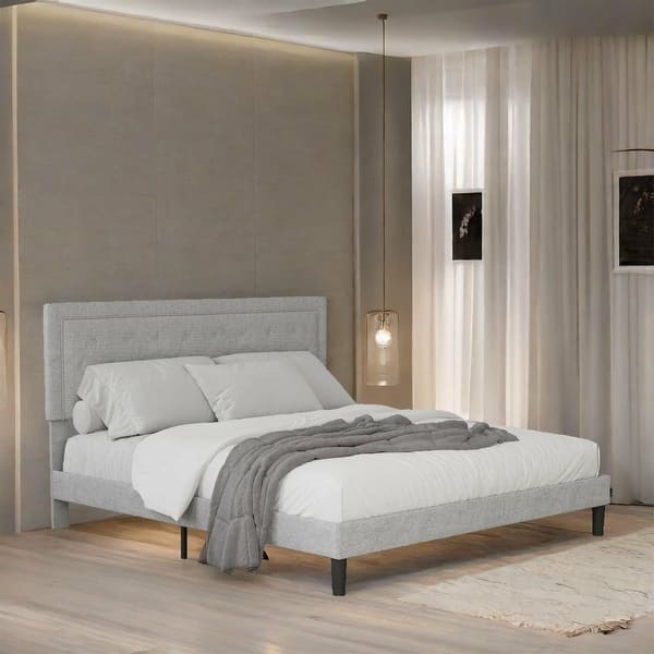 Light Grey Queen Size Bed Frame with Adjustable Border Headboard - Bed ...