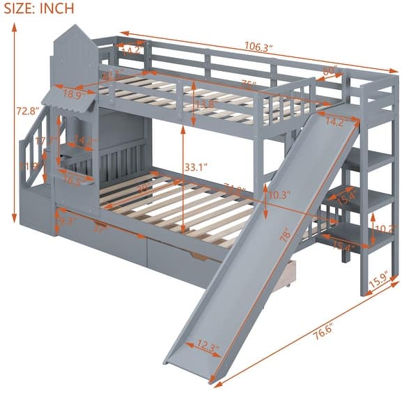 dimension image slide 2 of 4, Twin over Twin Bunk Bed With 2 Drawers,3 Shelves and Slide,Sturdy Frame