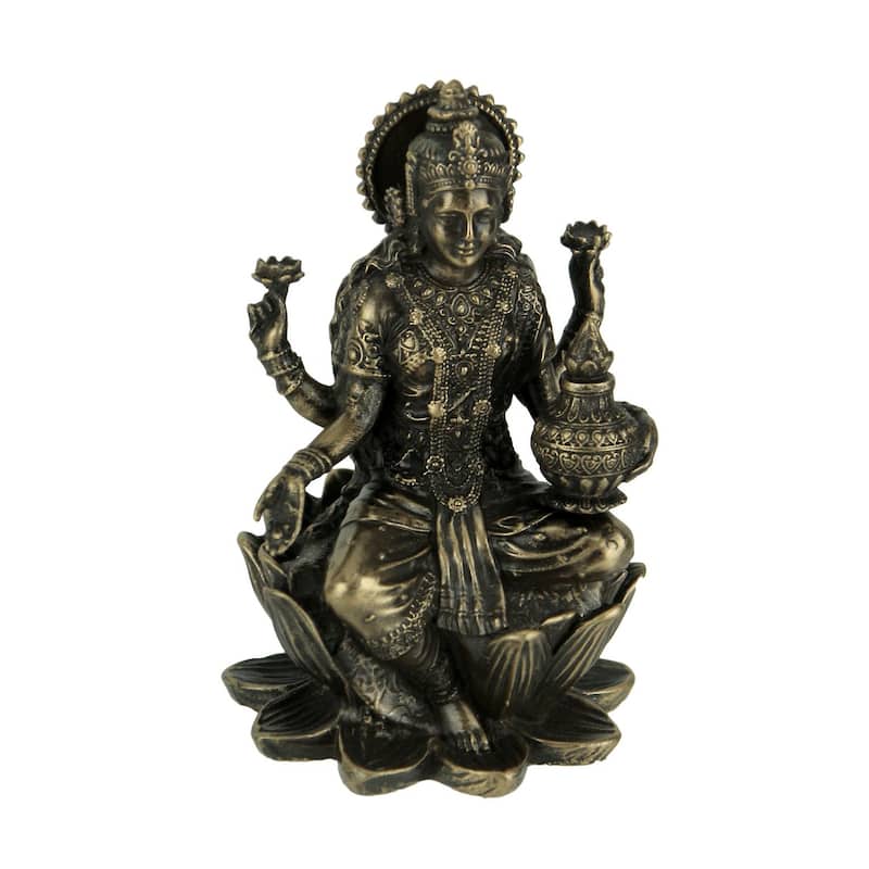 Bronze Finish Lakshmi Hindu Goddess On Lotus Figurine Statue - 3.25 X 2 X 2 inches