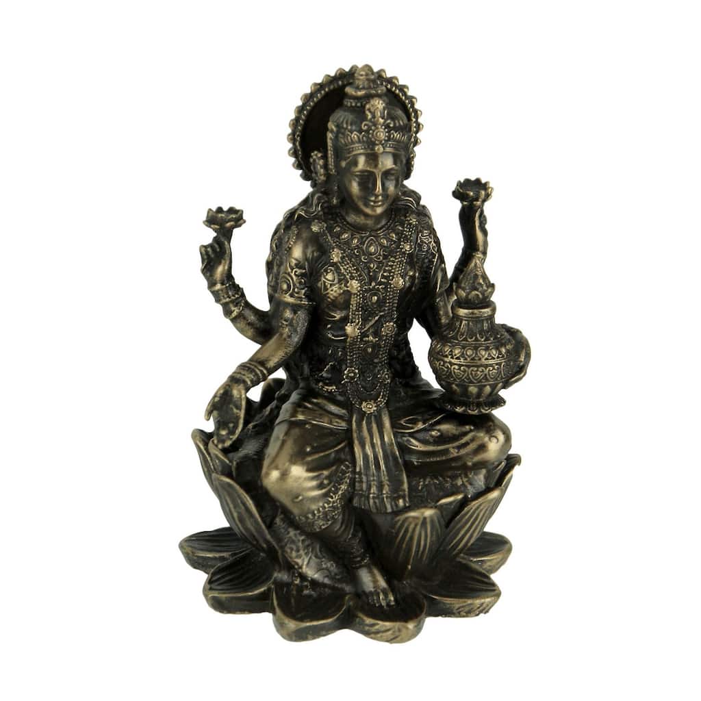 Bronze Finish Lakshmi Hindu Goddess On Lotus Figurine Statue - 3.25 X 2 X 2 inches