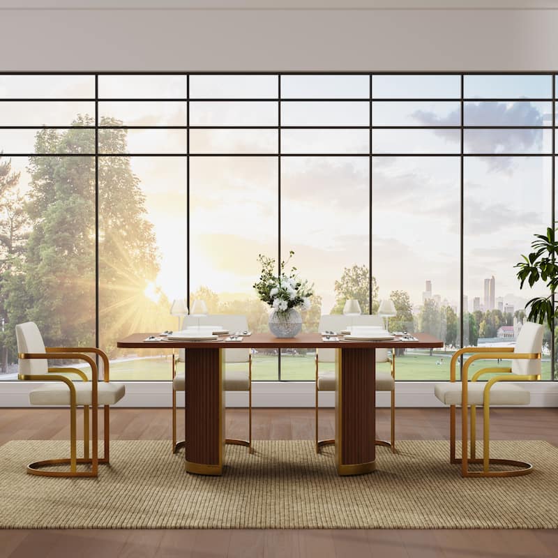 Mid Century Modern Solid Wood Dining Table with Double Pedestal Base