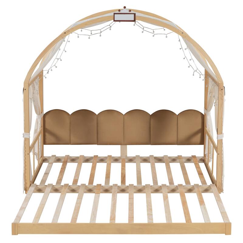 Wood Twin Size Bed Frame with Arched Roof, Floor Bed with Light and Curtain, Pull-out Kids Bed for Girls Boys Bedroom