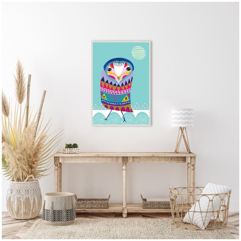 Kate and Laurel Sylvie Boho Colorful Folk Owl Framed Canvas by Rachel Lee