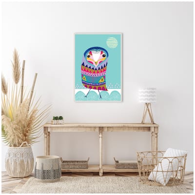 Kate and Laurel Sylvie Boho Colorful Folk Owl Framed Canvas by Rachel Lee