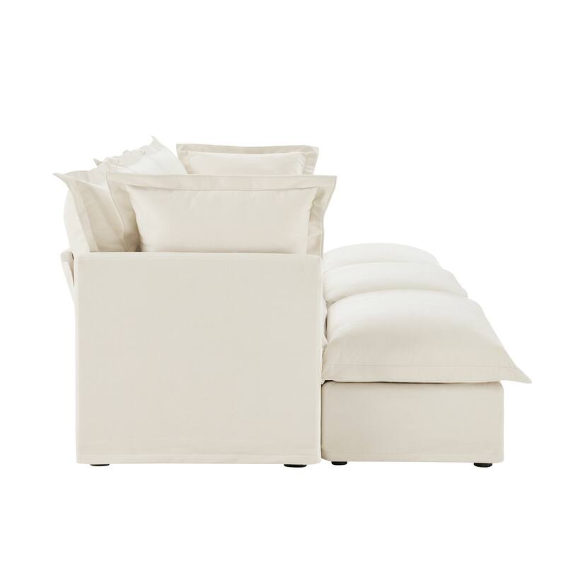120" Chenille 3-Seater Sofa Set with 3 Ottomans, Sleeper Function & Removable Slipcovers