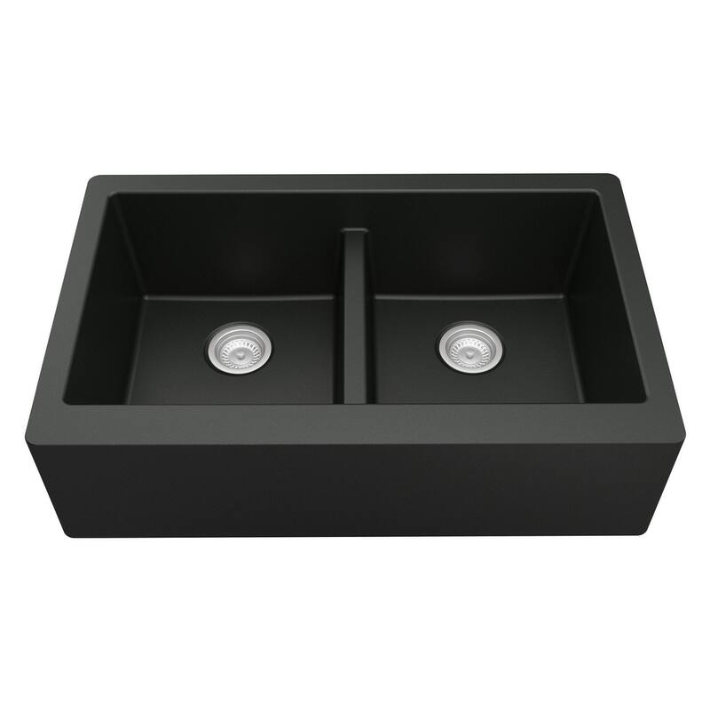 Karran All in One Apron Front/Farmhouse Quartz 34-in Double Bowl 50/50 Sink in Black with Faucet KKF210 in Stainless Steel
