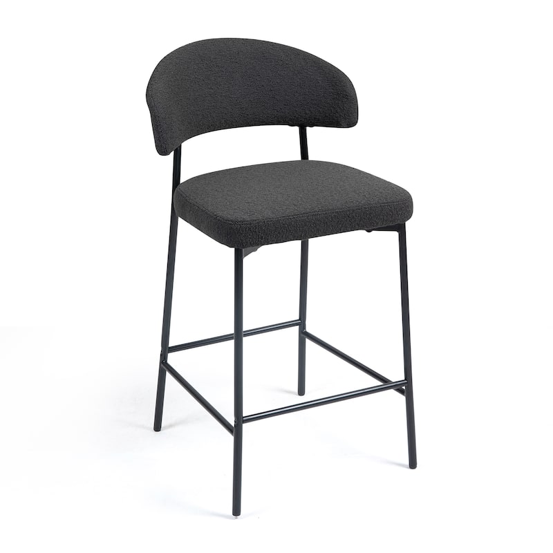 Set of 2 Bennett Black Boucle Upholstered Fabric Counter Stool with Black Iron Legs