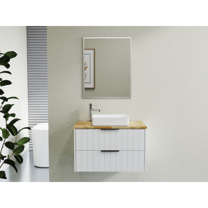 GDFStudio - 32-Inch Wall-Mounted Bathroom Vanity, Solid Wood Natural Top, Square Art Ceramic Sink