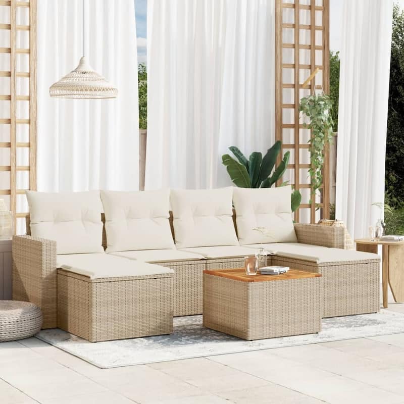 vidaXL Patio Sofa Set with Cushions Outdoor Furniture 7 Piece Poly Rattan - 21.7 x 21.7 x 14.6 - Beige and cream