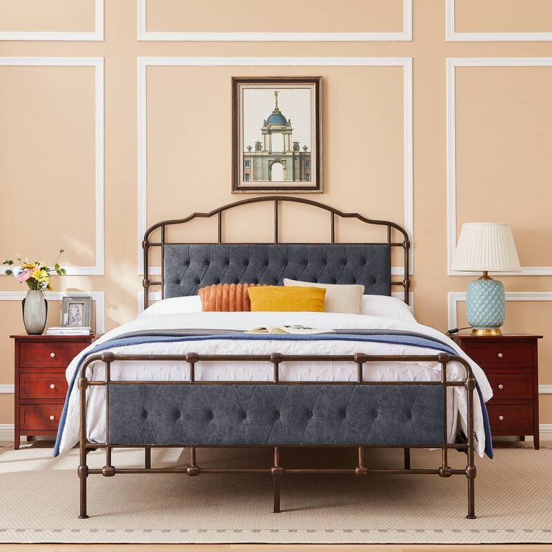 Queen Size Metal Bed with Soft Headboard