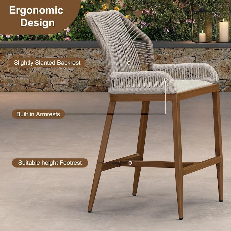 PURPLE LEAF Outdoor Bar Stools Chair Set of 2, All Weather Rattan and Aluminum Patio Bar Stool with Cushion