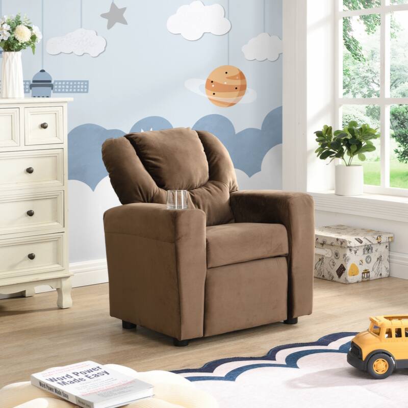 Kids Recliner Chair, Kids Upholstered Couch with One Cup Holder, Footrest, Backrest, Toddlers Velvet Recliner - Brown
