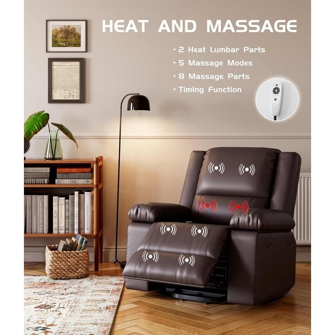 Leather Power Lift Recliner with Heat & Massage, Pockets for Elderly - Brown 27" Extra Wide