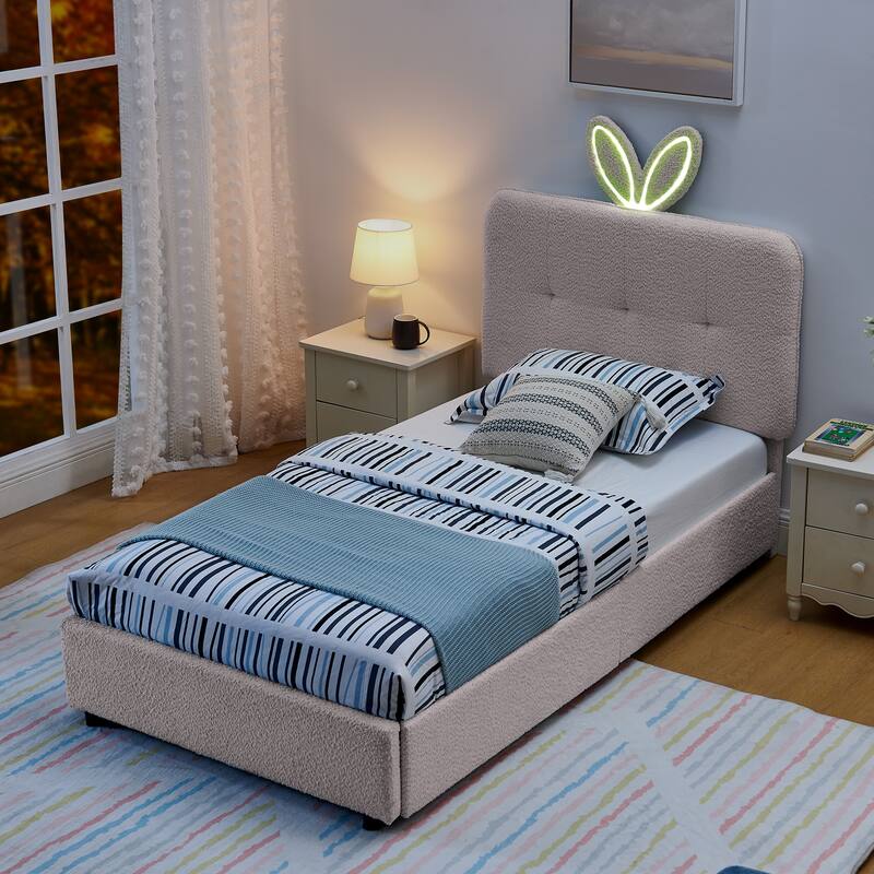 Kids Boucle Upholstered Bed with Rabbit Ear Headboard, LED Music Sync & 4 Drawers