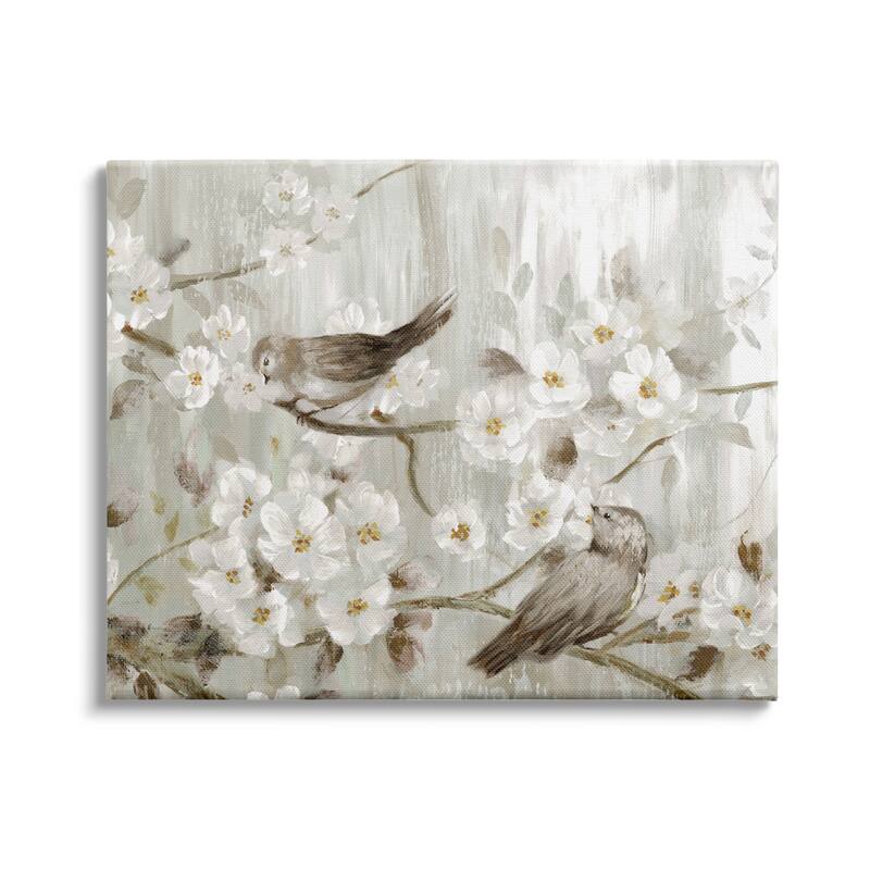 Stupell Birds on Spring Blossom Tree Branches Farmhouse Painting Canvas Wall Art - Grey