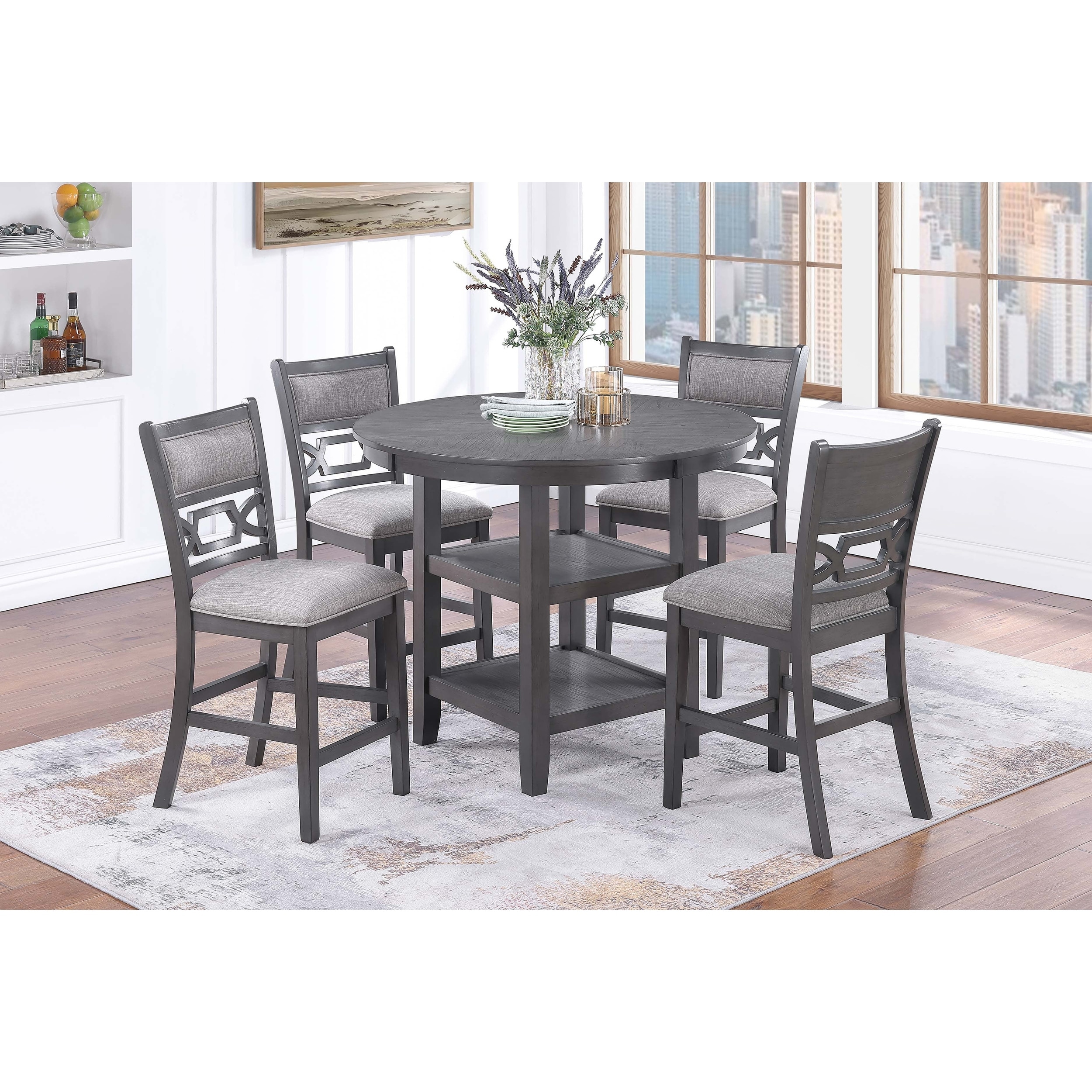 5pc Counter Height Dining Table Set Built In Shelf Gray Finish
