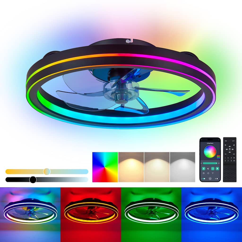Cusp Barn 19" Modern Flush Mount RGB Ceiling Fan with Lights and APP Control, Bladeless Fandelier Silent DC Motor Ceiling Fan