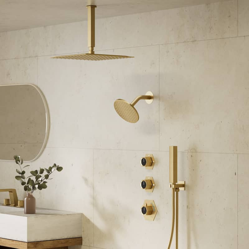 GRANDJOY Thermostatic Shower Faucet Set 12" Ceiling and 6" Wall Mount Rainfall Dual Shower Heads with Handheld Spray Combo