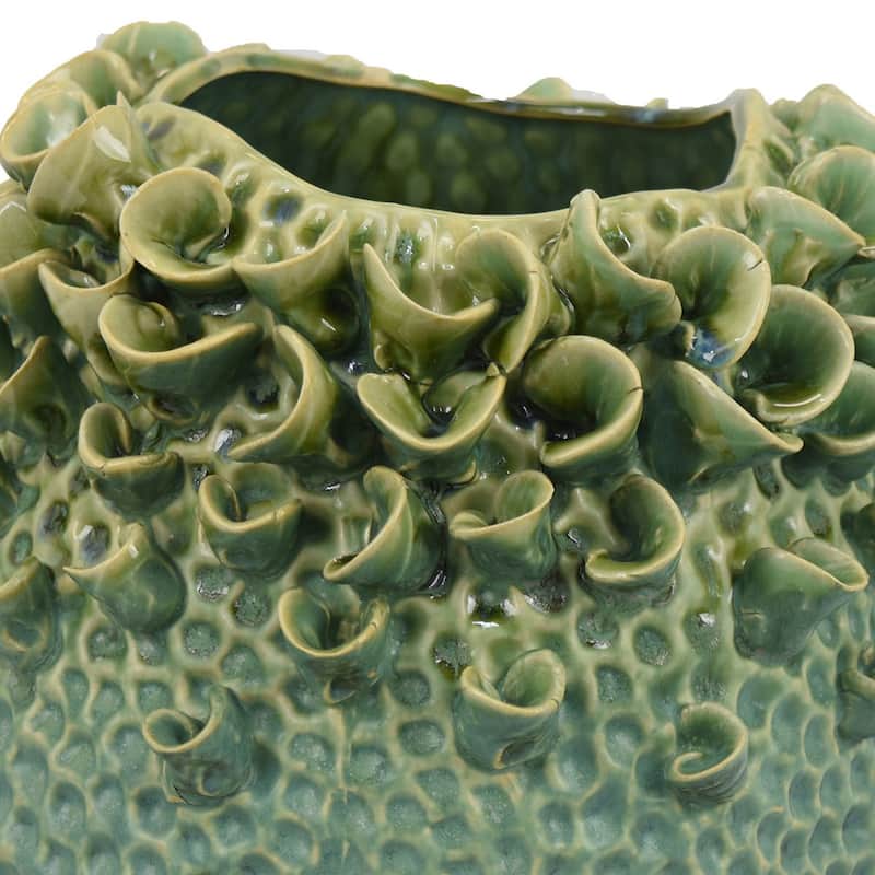 Nina Vase, Green Ceramic, Textured Accents, Abstract Floral 11 Inch