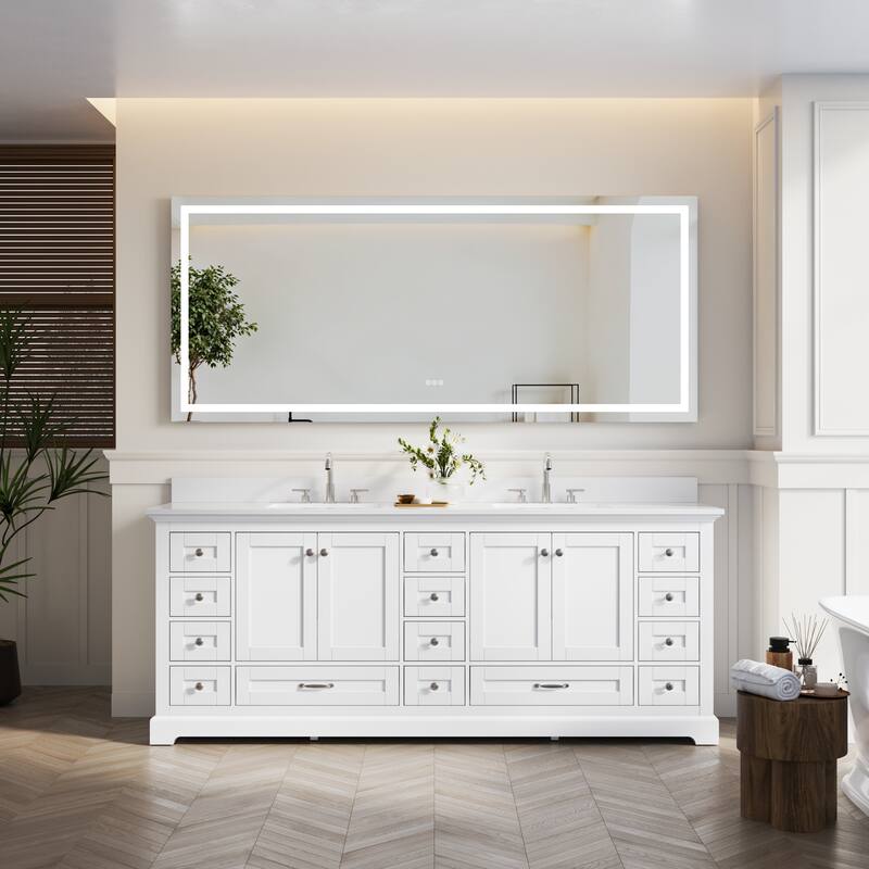 84''W Solid Wood Frame Bathroom Vanity With Pure White Culutered Marble Countertop And Double Sink