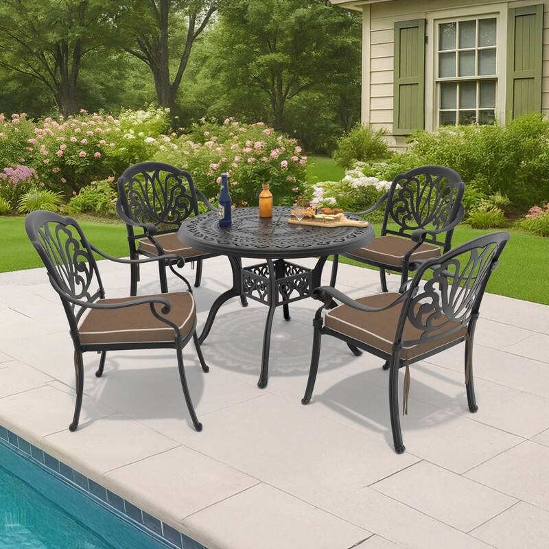 5-Piece Cast Aluminum Outdoor Dining Set with 39.37 in. Round Table and Seat Cushions