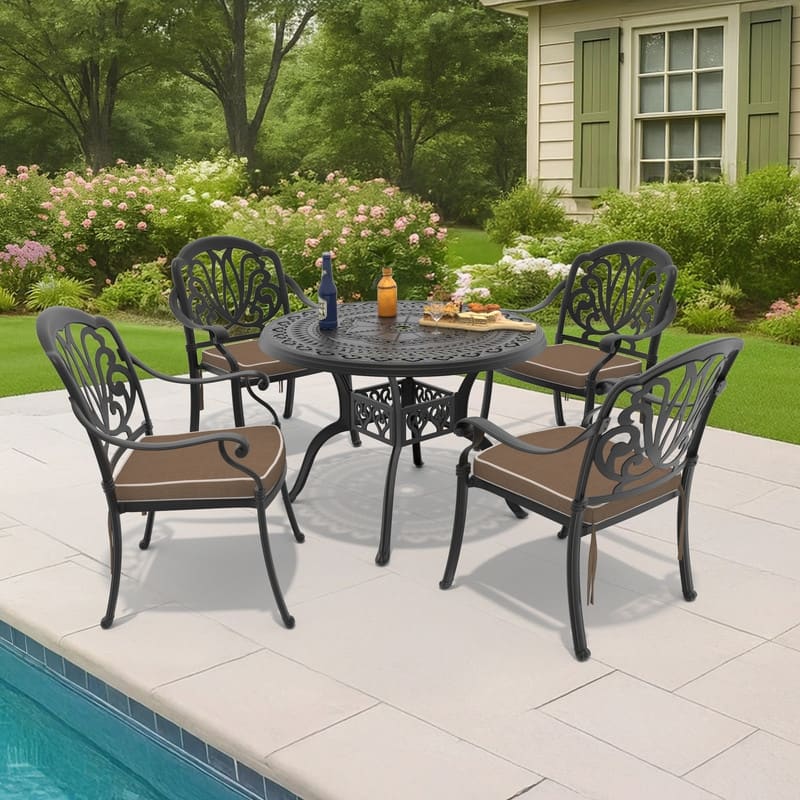 5-Piece Cast Aluminum Outdoor Dining Set with 39.37 in. Round Table and Seat Cushions