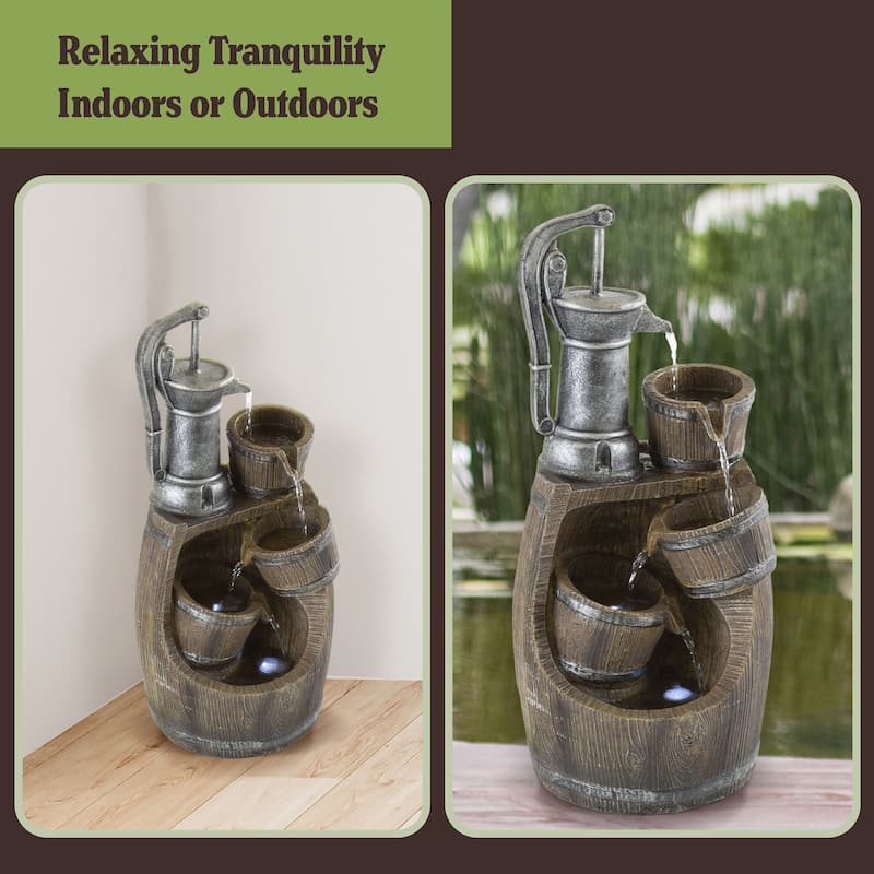 Old Fashion Hand Pump Fountain- 4-Tier Polyresin Barrel Cascading Waterfall with LED Lights by Pure Garden