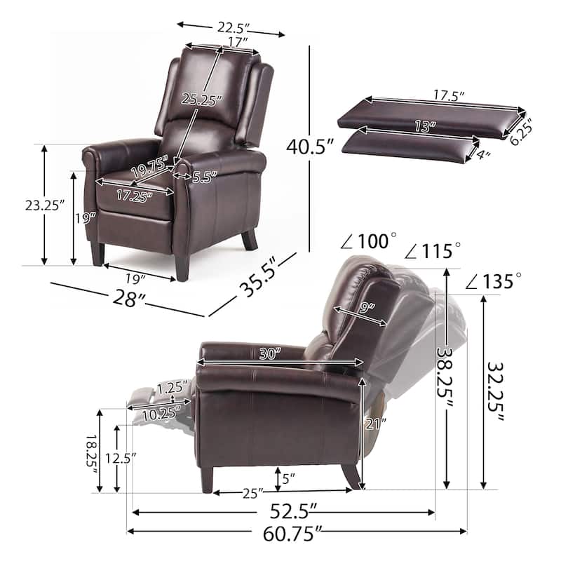 Faux Leather Recliner Chair for Living Room, Mid-Century Modern Pushback Single Lounge Sofa with Thicker Cushion & Wooden Legs