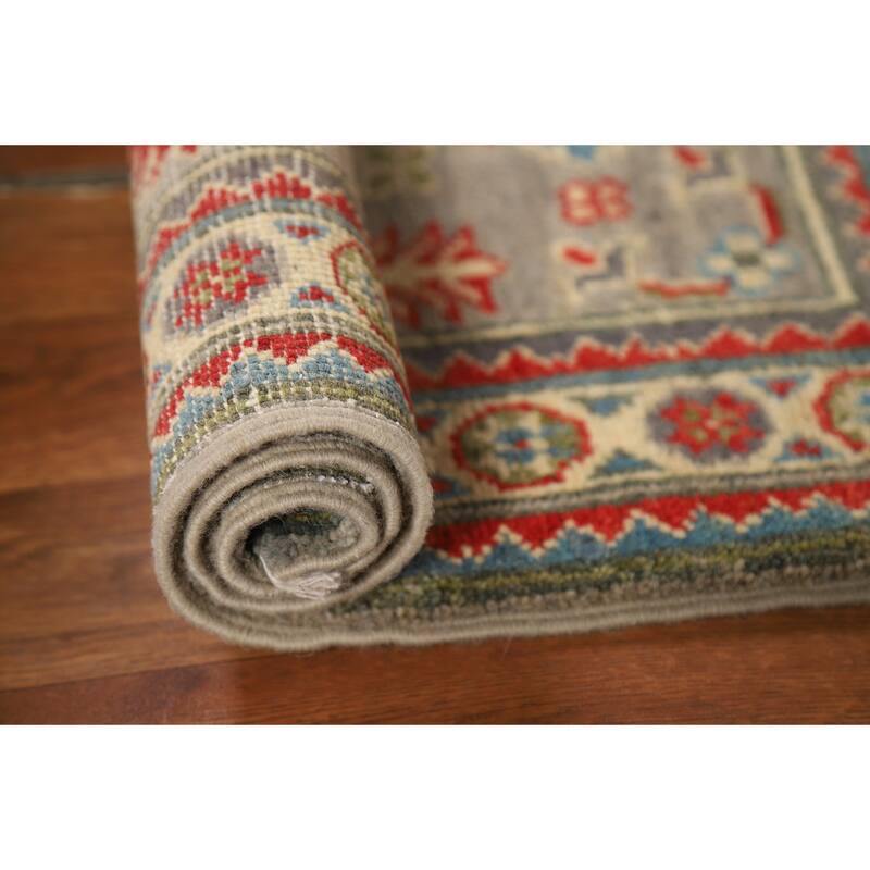 Geometric Kazak Oriental Foyer Rug Hand-Knotted Grey Wool Carpet - 2'0" x 3'0"