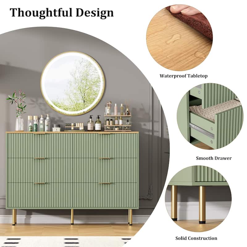 6 Drawer Fluted Dresser for Bedroom, Modern Wooden Storage Chest with Gold Handles