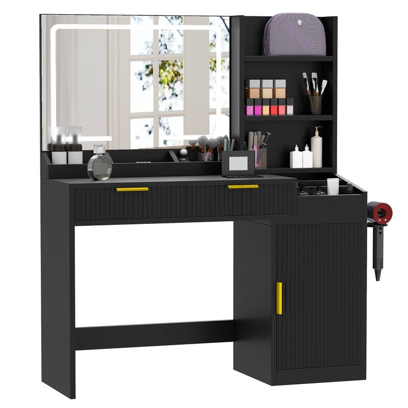 Moasis Makeup Vanity Desk with Power Outlet and 2 Drawers&3 Color Lighting Modes