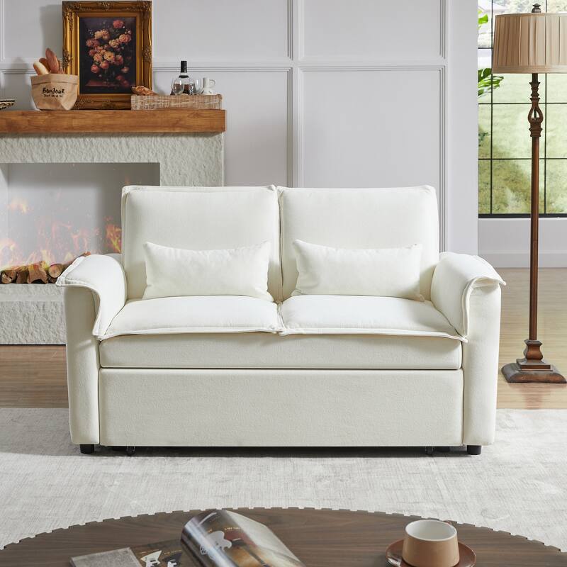 55" Fabric Sofa Bed with Sleeper, Adjustable Backrest & 2 Lumbar Pillows - Ivory