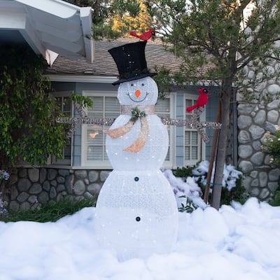 Alpine Corporation Mesh Snowman Decoration with Bird Accents and LED Lights - White