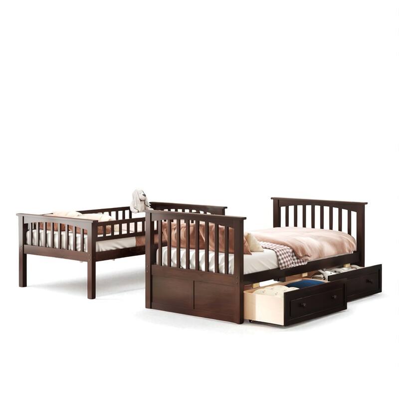 Twin Over Twin Convertible Bunk Bed with Storage Drawers, Fence Guardrail, Solid Wood Frame, No Box Spring Needed