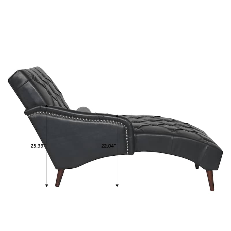 Faux Leather Chaise Lounge Chair with Pillow and Solid Wood Legs, Tufted Upholstered Accent Lounge Chair with Arm