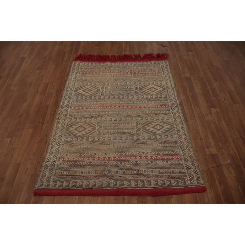 Hand Woven Oriental 100% Wool Carpet Traditional Tribal Beige & Ivories Durrie-Kilim Area Rug - 5' 5'' X 3' 11''