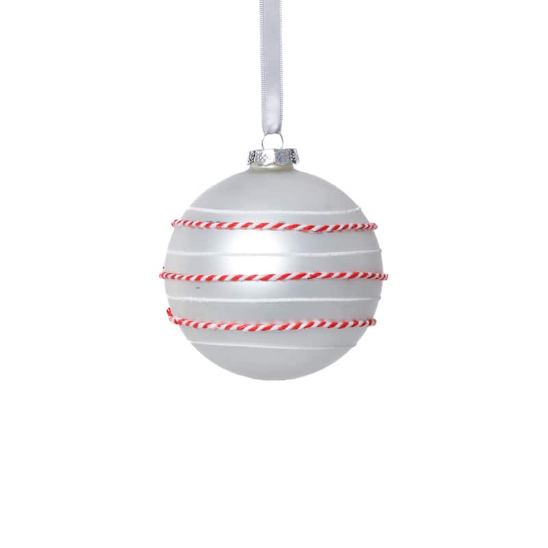 Matte Glass Ball Ornaments with White & Red Rope, Set of 6, 4" - White