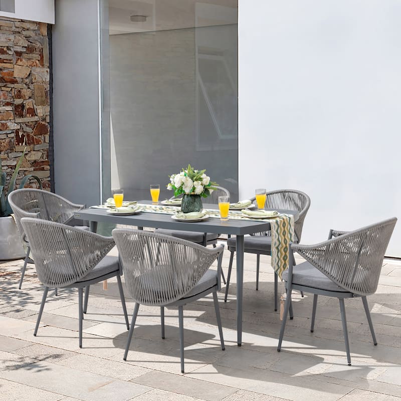 Aluminum Patio Outdoor Dining Chair Woven Rope Armchair with Removable Gray Cushion (2-Pack)
